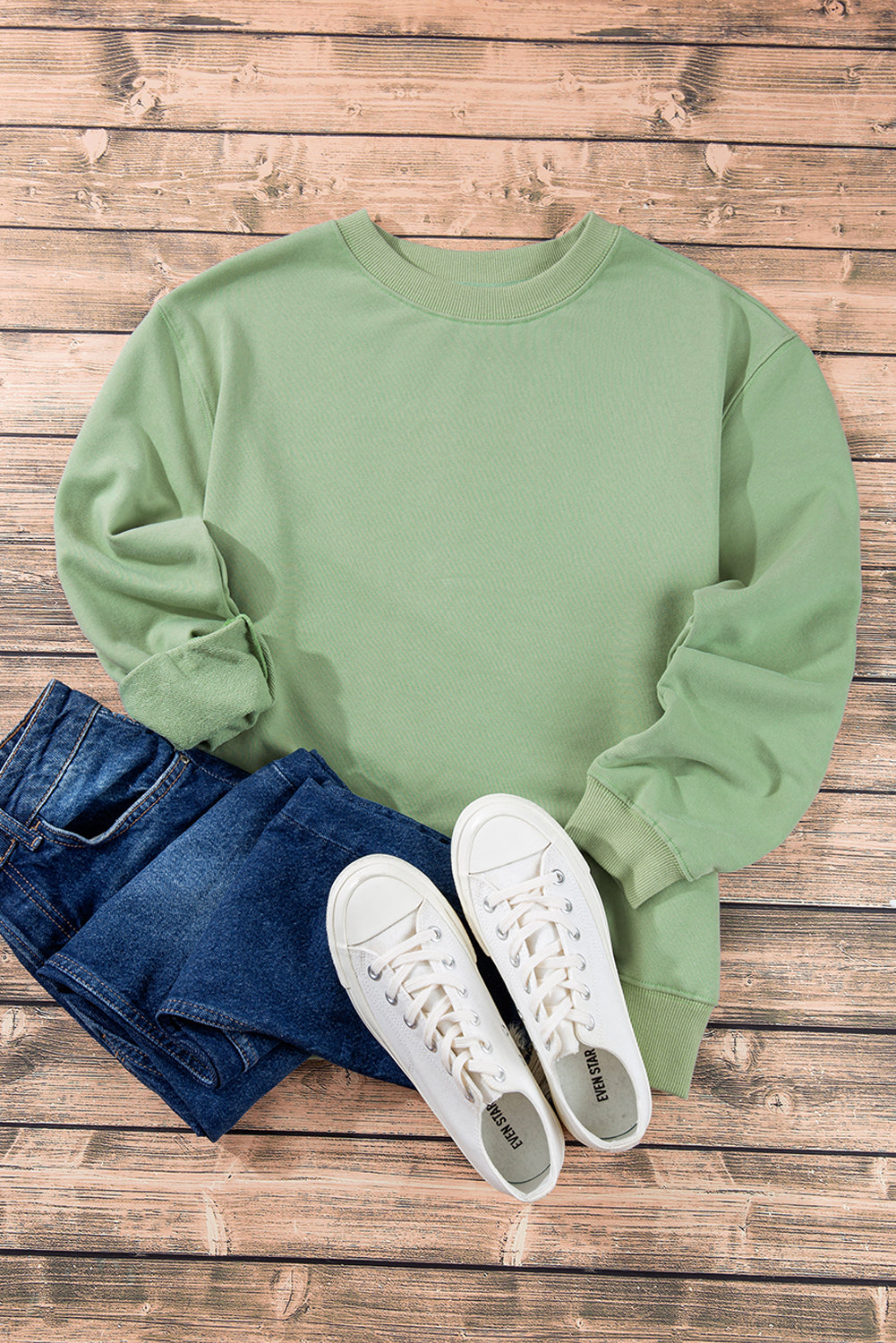 Smoke Green Plain Drop Shoulder Crewneck Pullover Sweatshirt