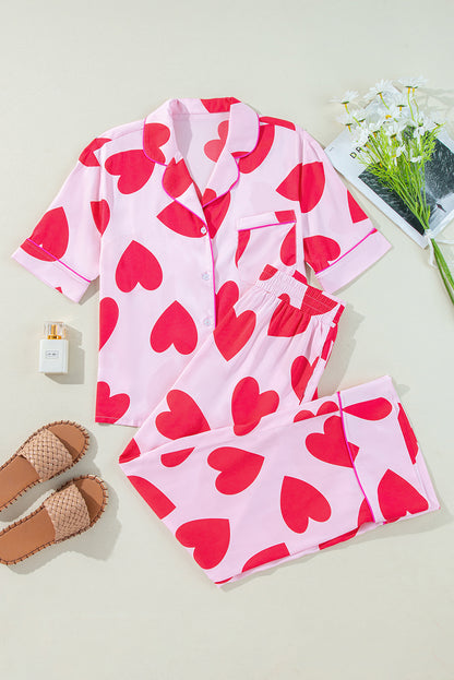 Pink Classic Heart Valentines Short Sleeve Pants Pajamas Set