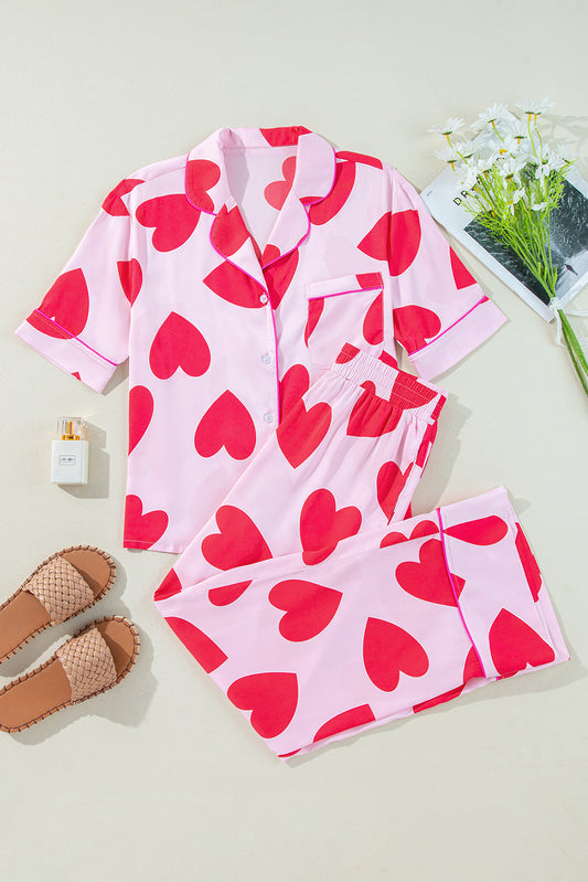 Pink Classic Heart Valentines Short Sleeve Pants Pajamas Set