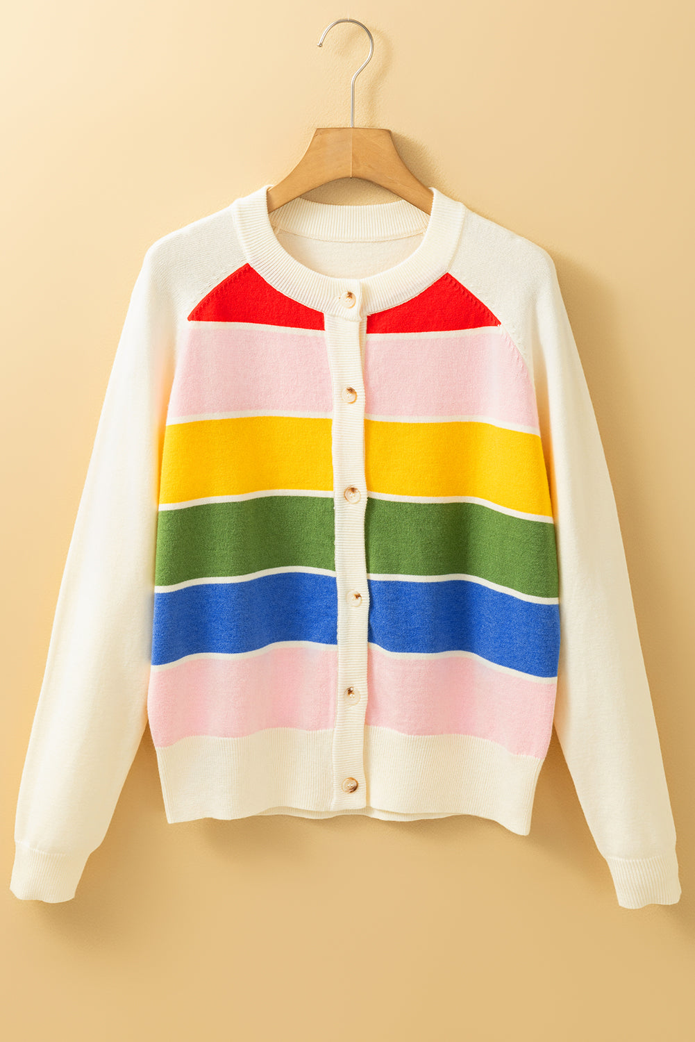 White Stripe Colorful Pattern Button Front Sweater Cardigan