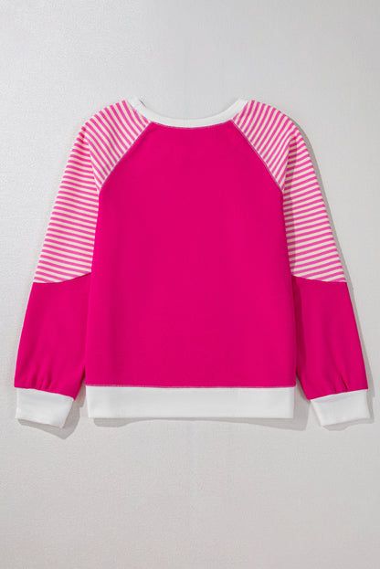 Strawberry Pink Striped Patchwork Crew Neck Raglan Sleeve Top