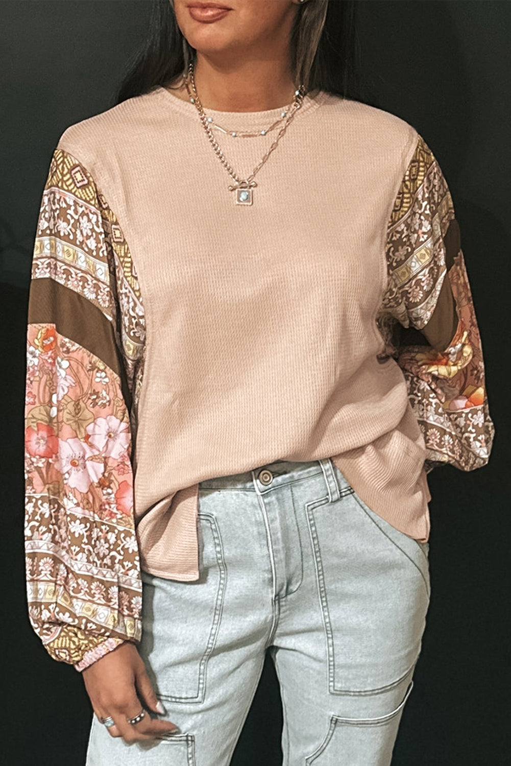 Parchment Contrast Floral Patchwork Puff Sleeve Waffle Knit Top