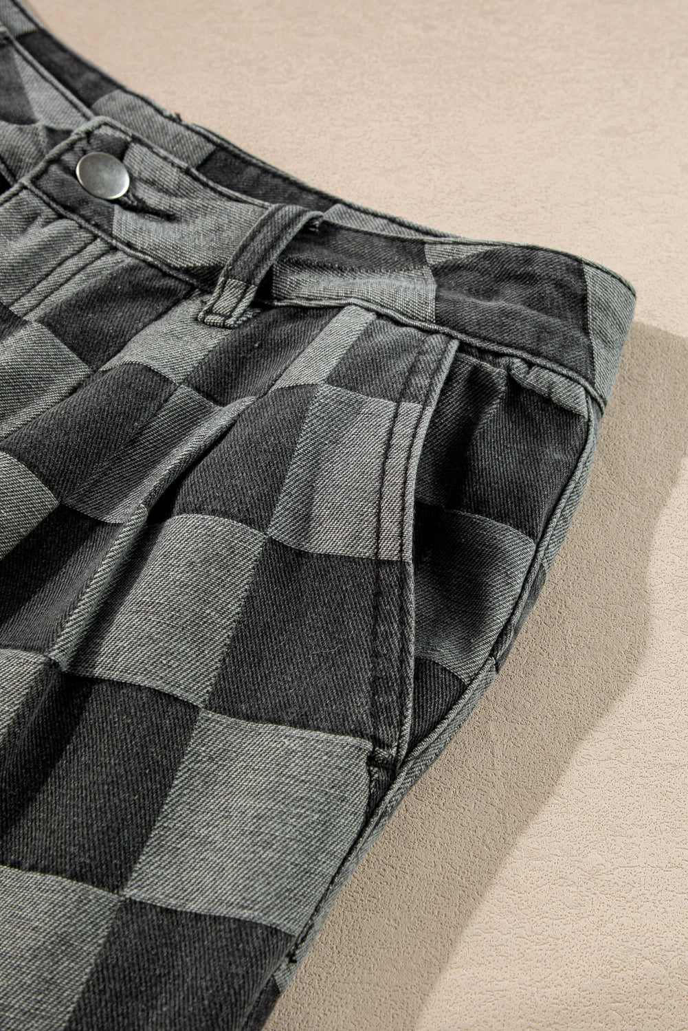 Dark Grey Checkered Denim Wide Leg Jeans