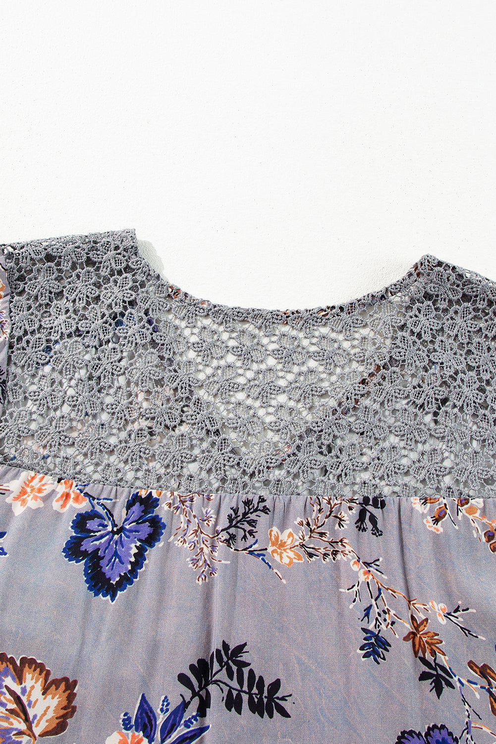 Sky Blue Floral Print Lace Patchwork Knot Front V Neck Blouse