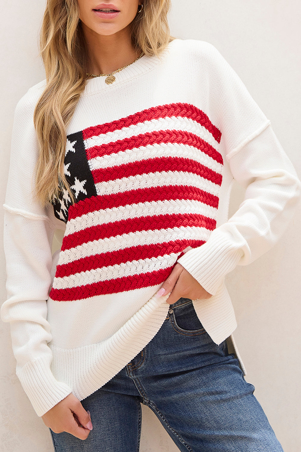 White American Flag Cable Knit Drop Shoulder Sweater