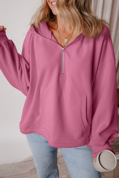 Valerian Fleece Lined Half Zipper Kangaroo Pockets Loose Hoodie