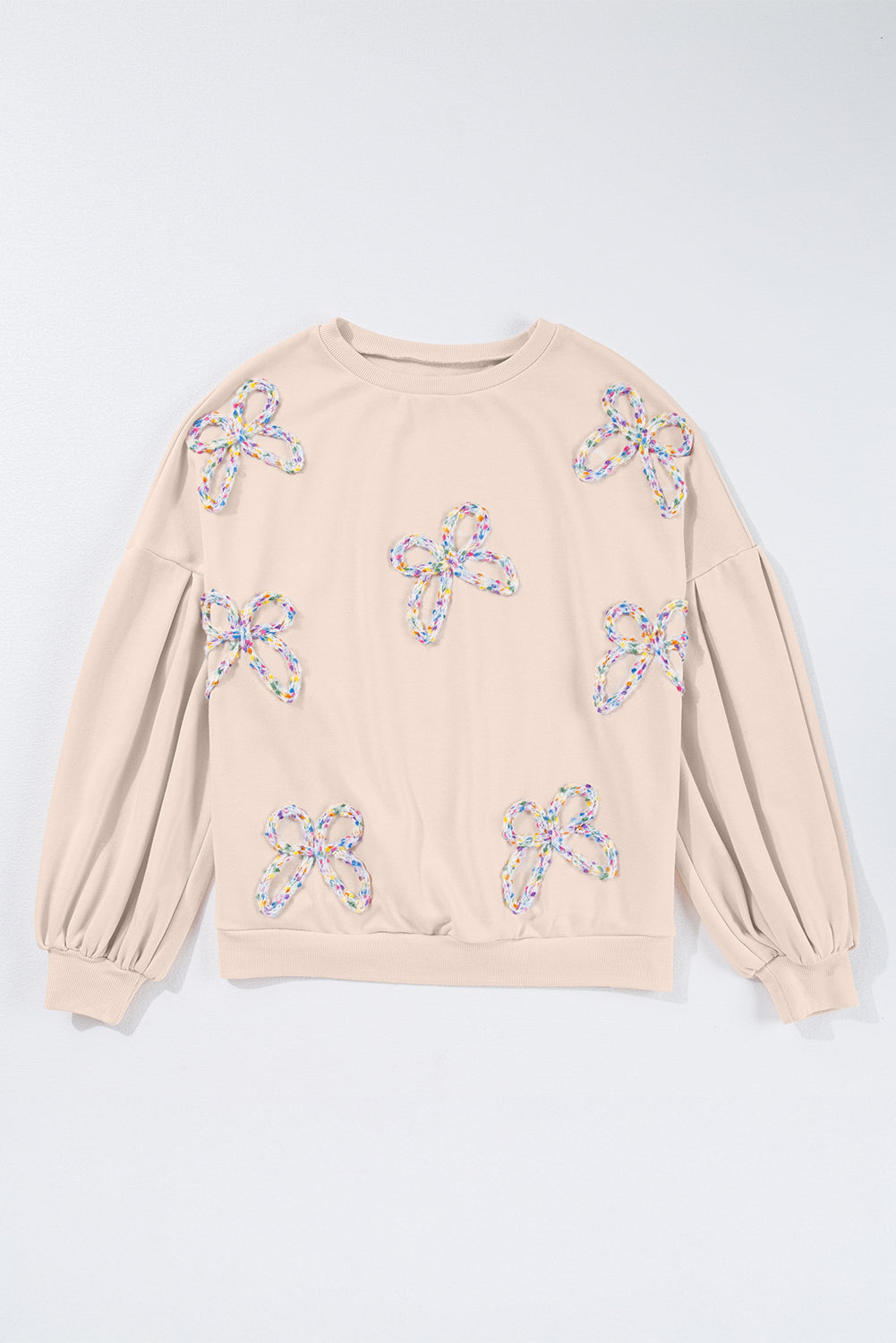 Parchment Embroidered Bow Lantern Sleeve Oversized Pullover Sweatshirt