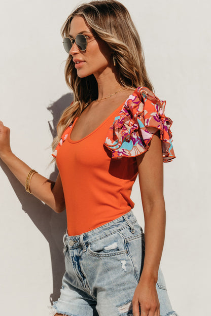 Orange Ribbed Knit Tiered Ruffled Sleeve Bodysuit