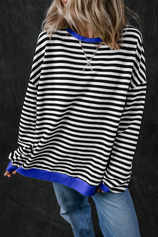 Black Stripe Oversized Contrast Trim Pullover Sweatshirt