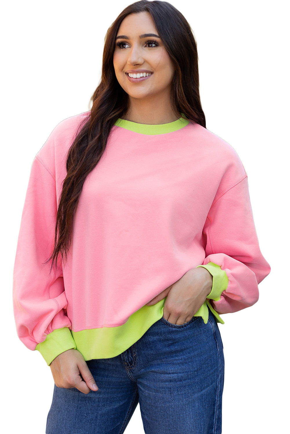 Pink Colorblock Bubble Sleeve Sweatshirt