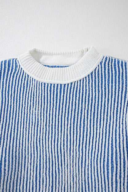 Dark Blue Striped Textured Knit Contrast Edge Loose Sweater