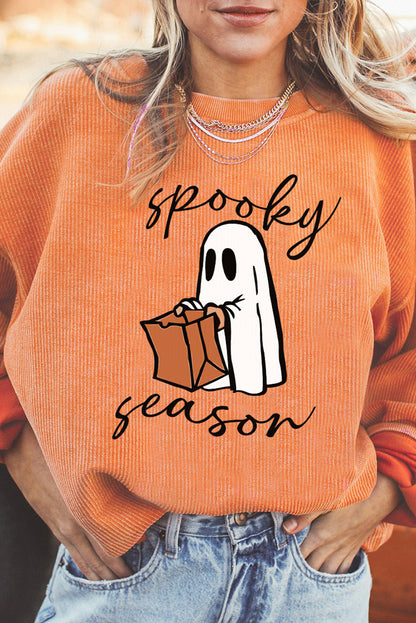 Orange Spooky Season Ghost Print Ribbed Pullover Sweatshirt - OniTakai