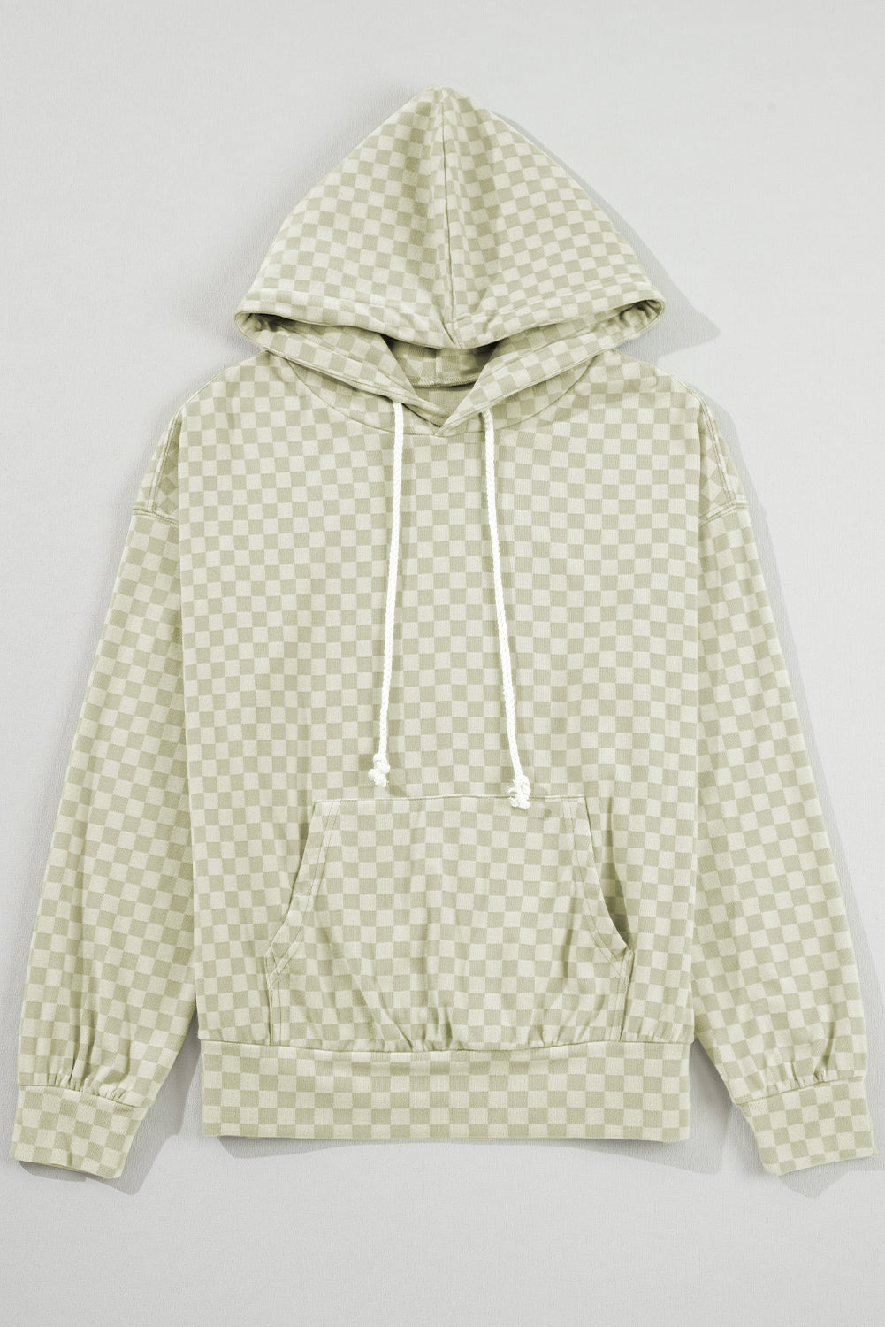 Green Checkered Print Kangaroo Pocket Drawstring Hoodie