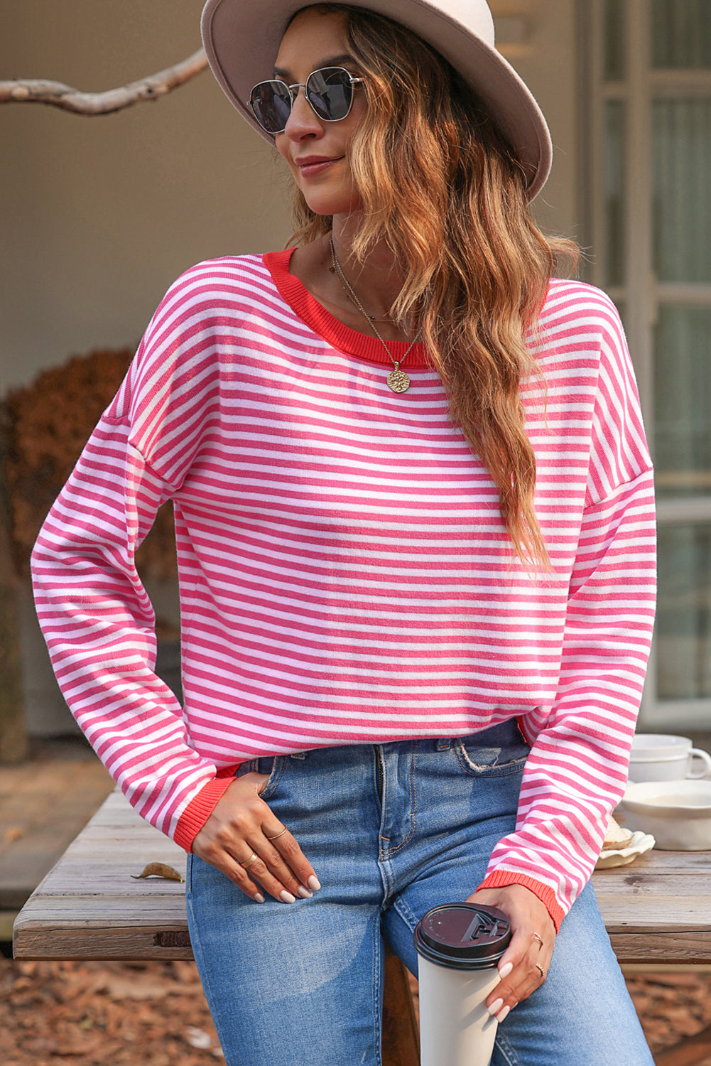 Pink Contrast Trimmed Striped Drop Shoulder Sweater