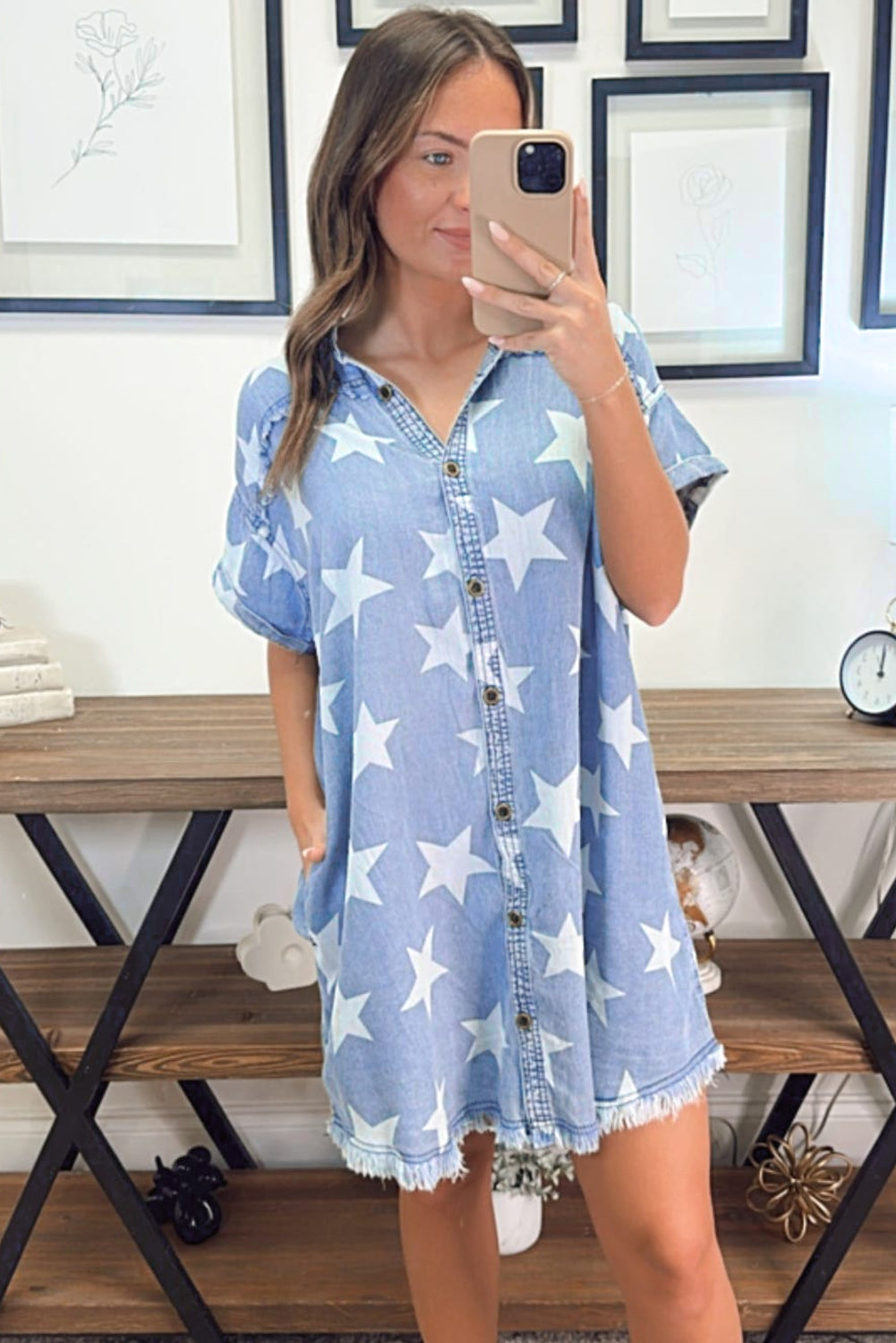 Sky Blue Stars Frayed Hem Collared Short Sleeve Denim Dress