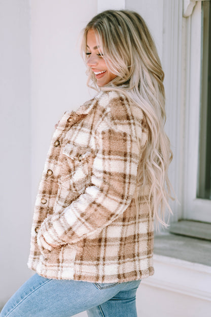 Khaki Sherpa Plaid Button Pocketed Jacket