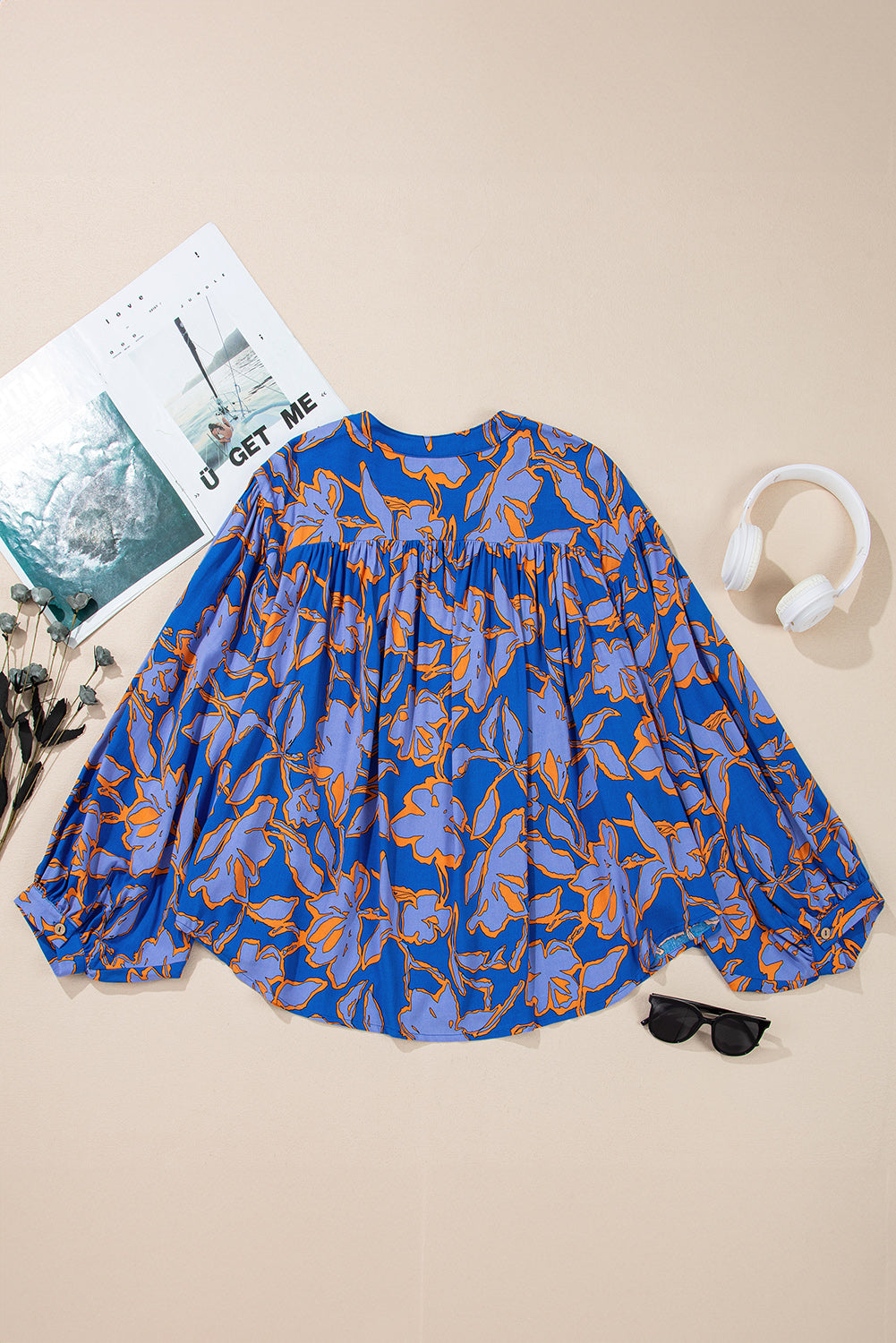 Blue Floral Print Batwing Sleeve Buttoned Loose Fit Shirt