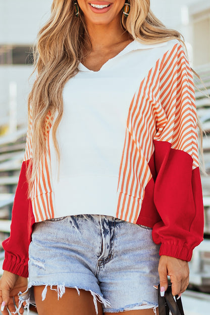 White Striped Color Block Collared V Neck Oversized Sweatshirt