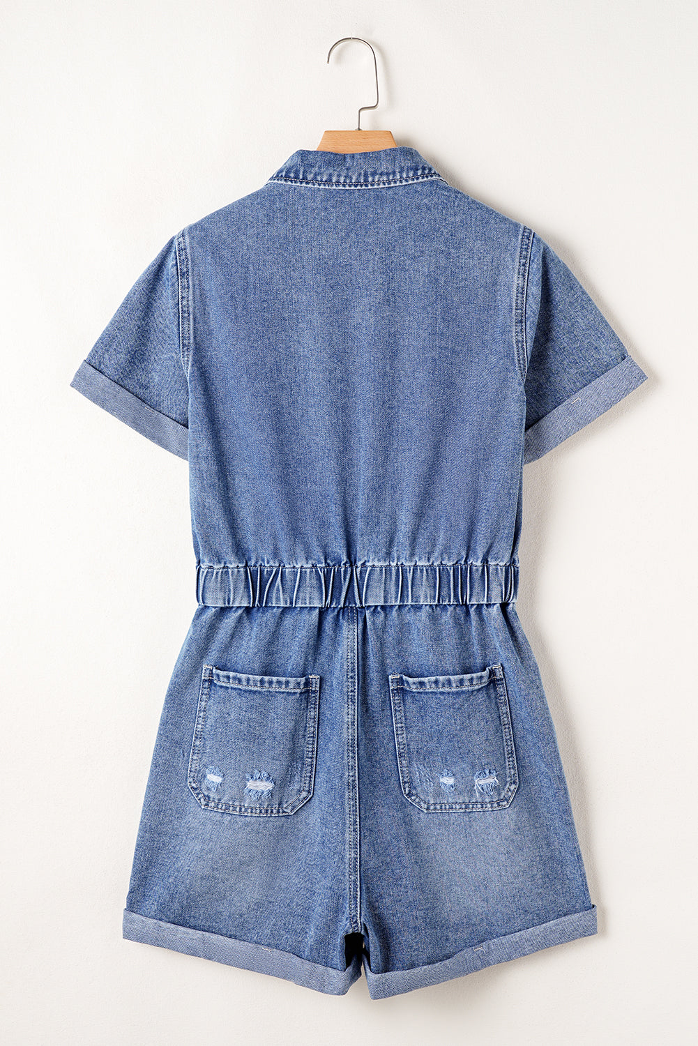 Dusk Blue Chest Pocket Front Buttoned Folded Edge Denim Short Sleeve Romper