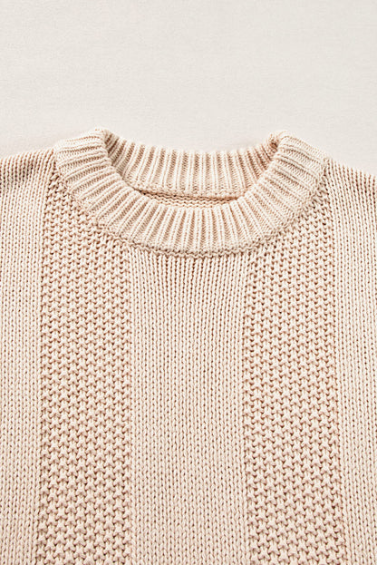 Pale Khaki Solid Color Cable Knit Ribbed Loose Sweater