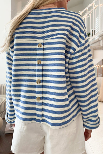 Sky Blue Stripe Chest Pocket Buttoned Back Notched V Neck Top