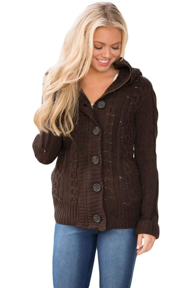 Brown Long Sleeve Button-Up Hooded Cardigan