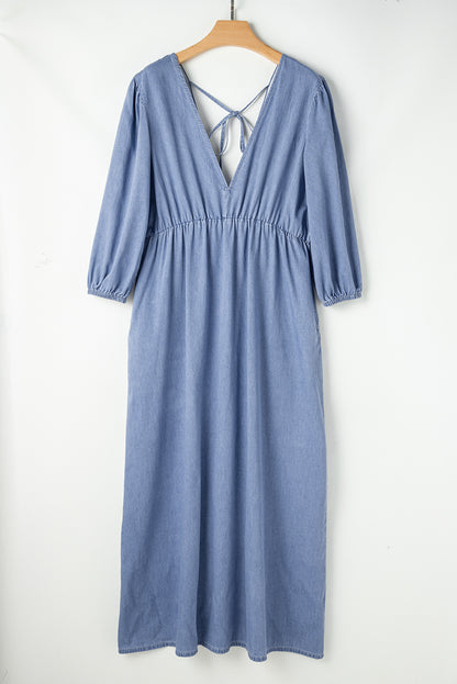 Myosotis Chambray Deep V-Neck Bracelet Sleeve Maxi Dress