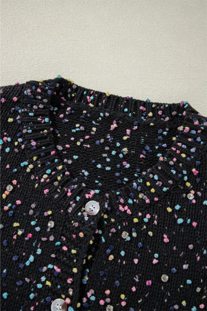 Black Rhinestone Decor Multicolor Confetti Sweater Cardigan