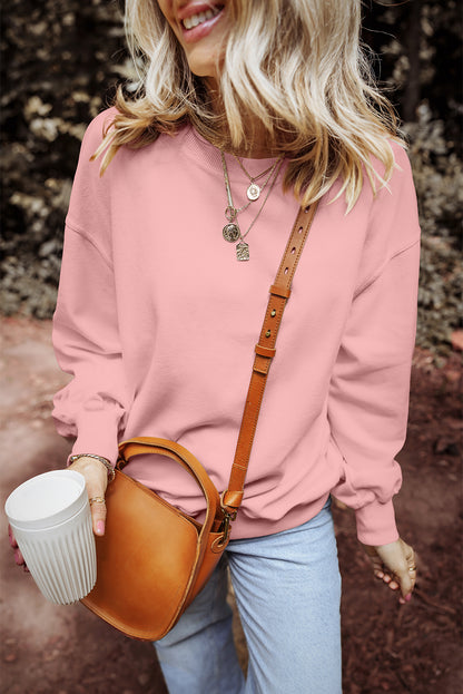 Pink Loose Drop Shoulder Ribbed Sweatshirt