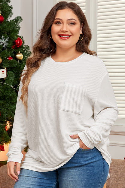 White Plus Size Ribbed Textured Long Sleeve Shirt