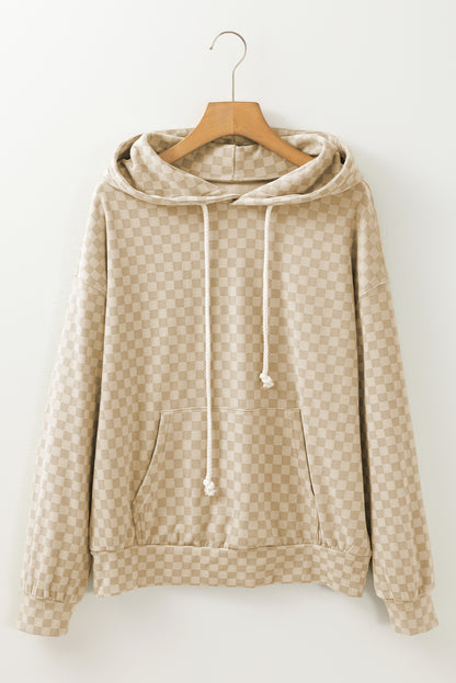 Khaki Checkered Print Kangaroo Pocket Drawstring Hoodie