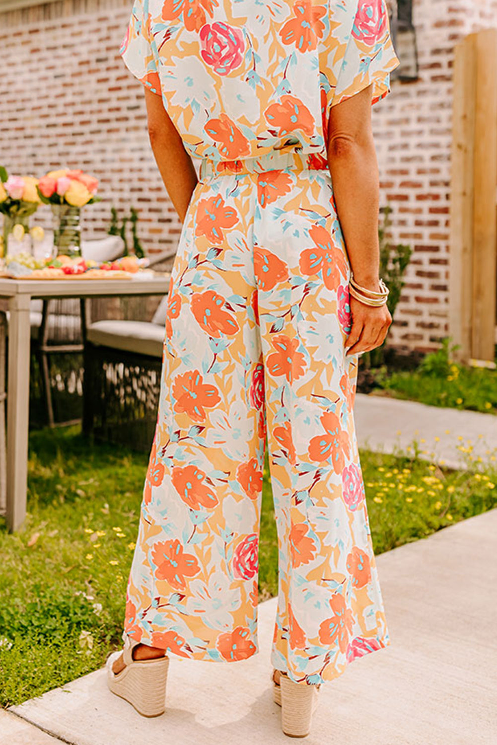 Orange Vibrant Floral Printed Short Sleeve Top 2 Piece Pants Set