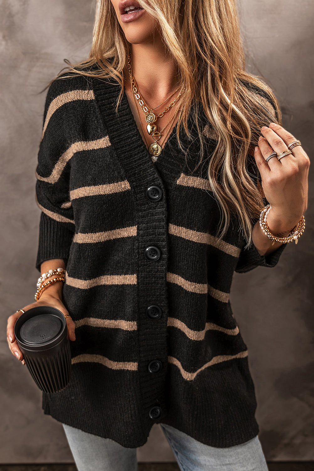 Black Stripe Buttoned V-Neck Drop Shoulder Loose Cardigan