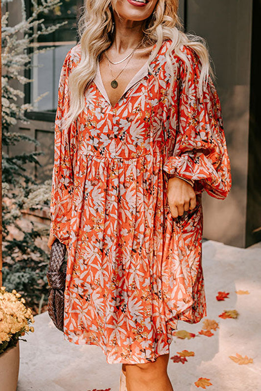 Orange Floral Print Split V-Neck Bubble Sleeve Plus Size Midi Dress