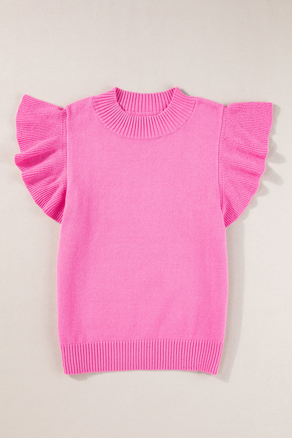 Bonbon Ribbed Mock Neck Ruffled Short Sleeve Sweater