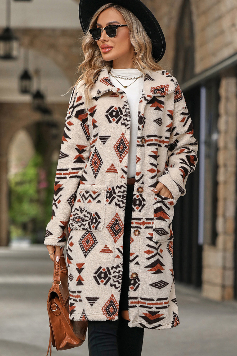 Apricot Western Aztec Printed Fleece Buttoned Front Midi Length Coat