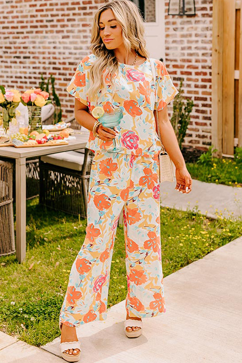 Orange Vibrant Floral Printed Short Sleeve Top 2 Piece Pants Set