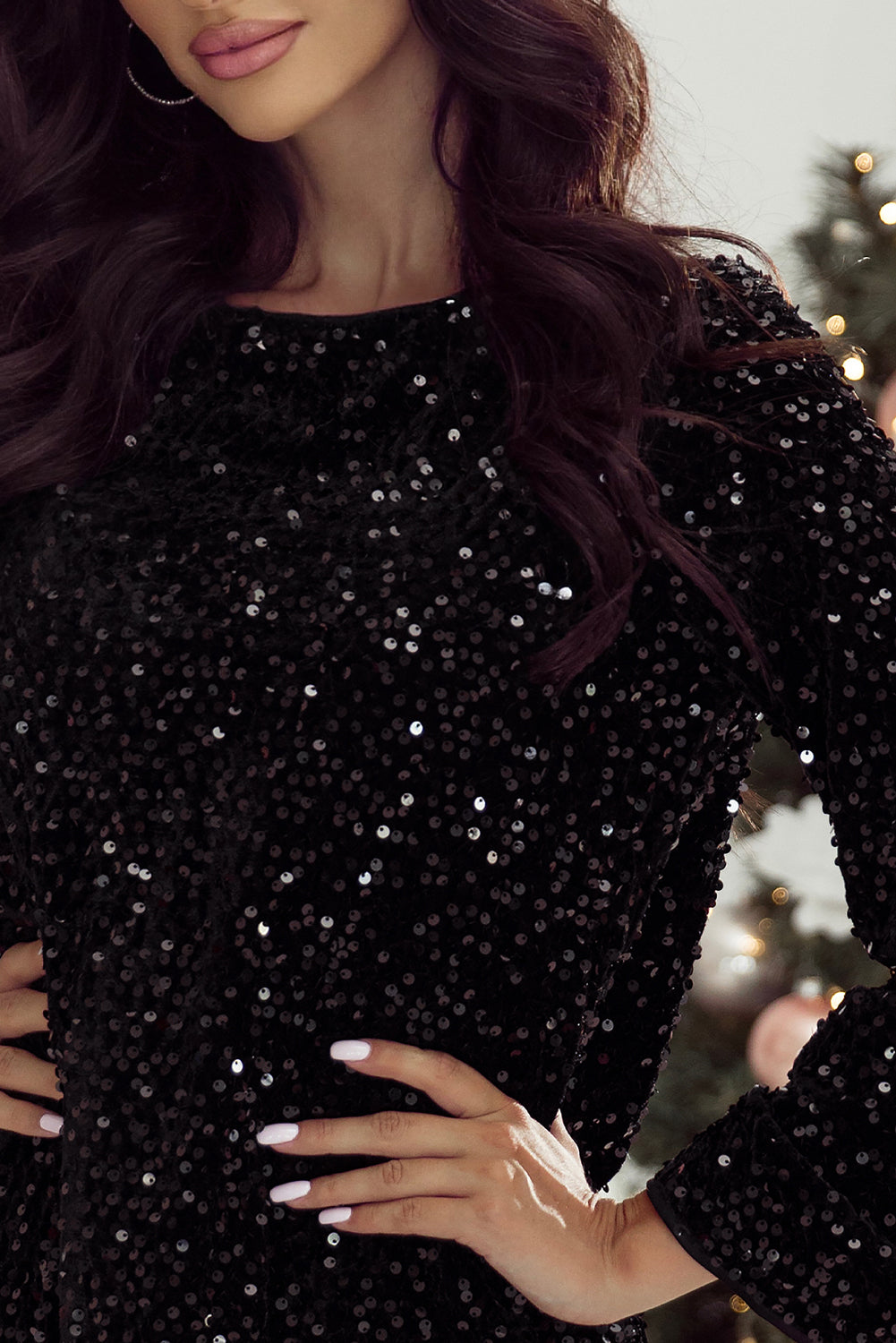 Black Sequin Long Sleeve Knot Cutout Back Mini Dress