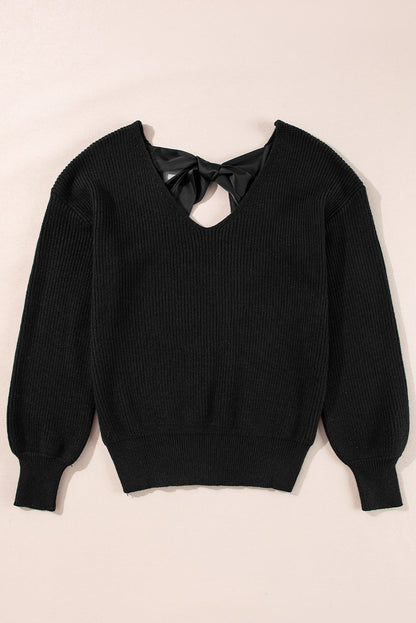 Black Lantern Sleeve V Neck Knot Back Sweater