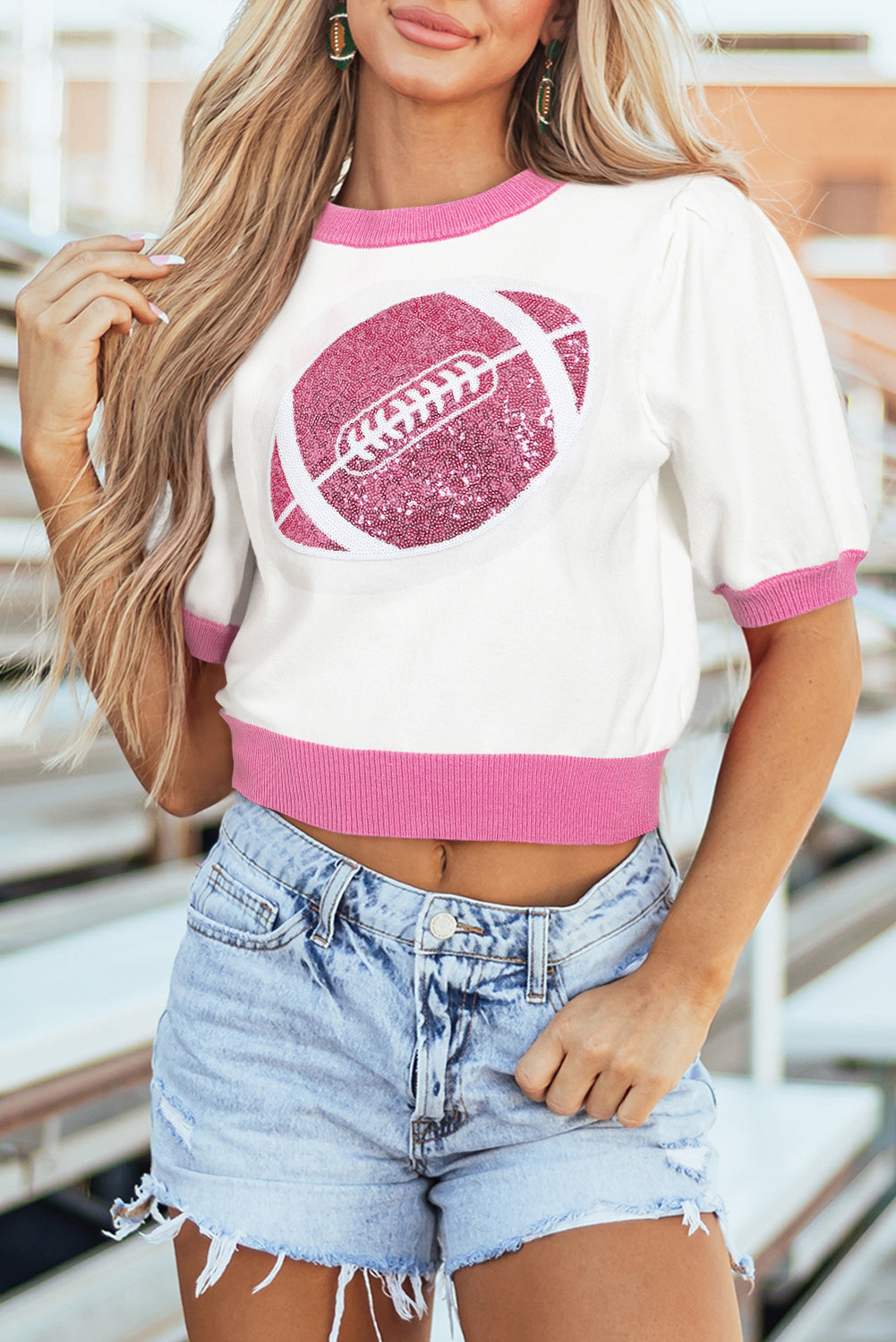 Pink Sequin Rugby Color Block Puff Short Sleeve Sweater