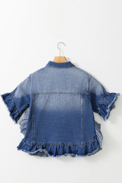 Peacock Blue Ruffled Frayed Short Sleeve Plus Size Denim Jacket