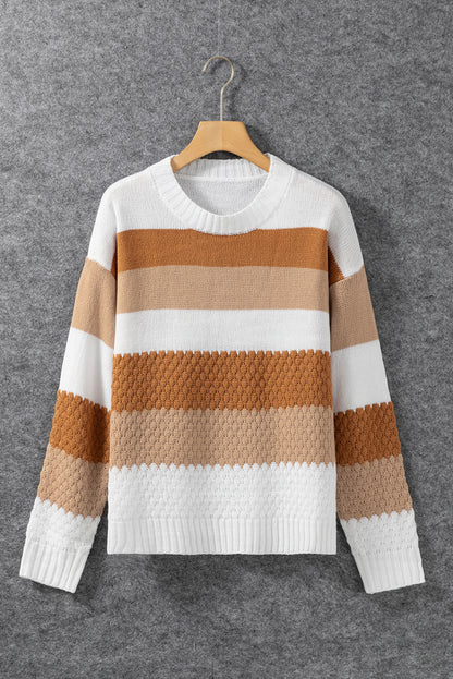 Chestnut Striped Cable Knit Drop Shoulder Sweater