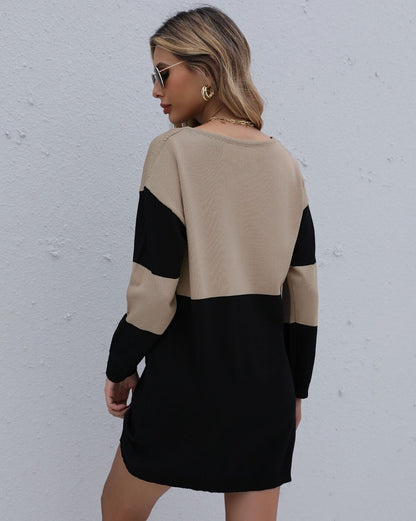 Women's Khaki Round Neck Loose Knit Panel Contrast Sweater Dress