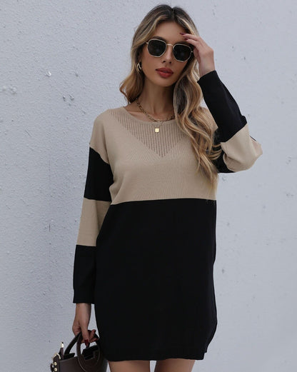 Women's Khaki Round Neck Loose Knit Panel Contrast Sweater Dress