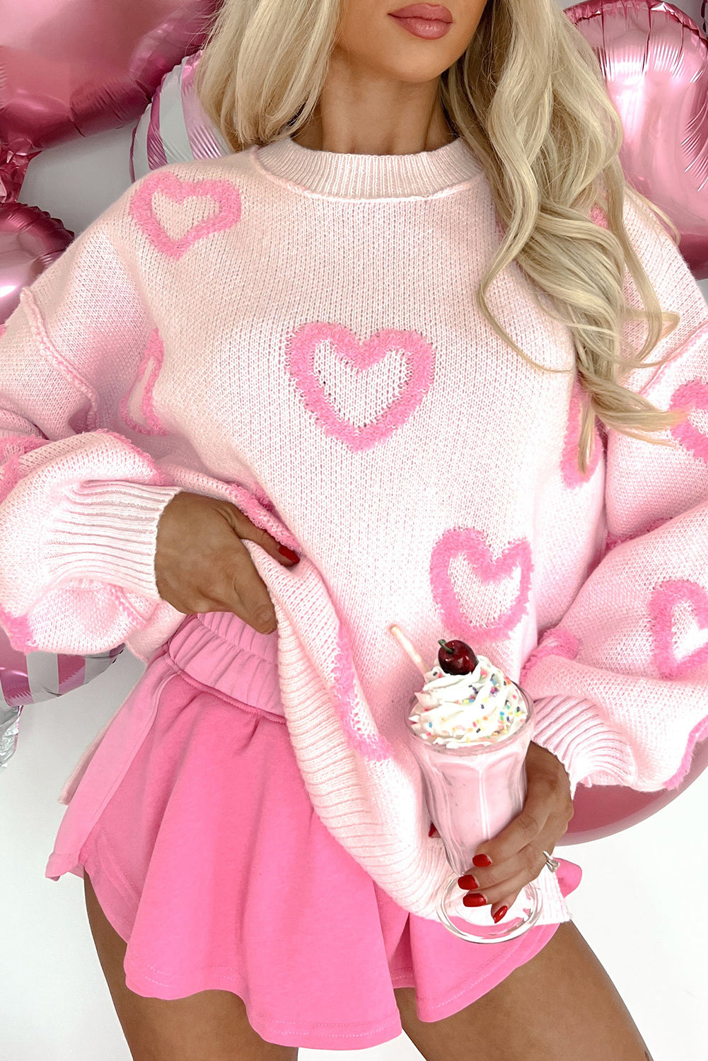 Pink Heart Shape Bubble Sleeve Baggy Sweater