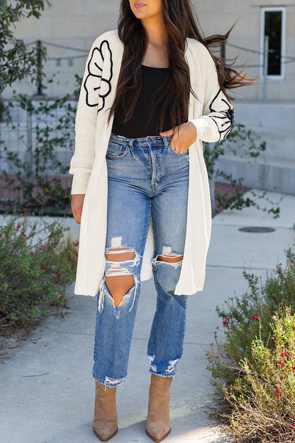 Beige Flower Embroidered Drop Shoulder Open Front Duster Cardigan