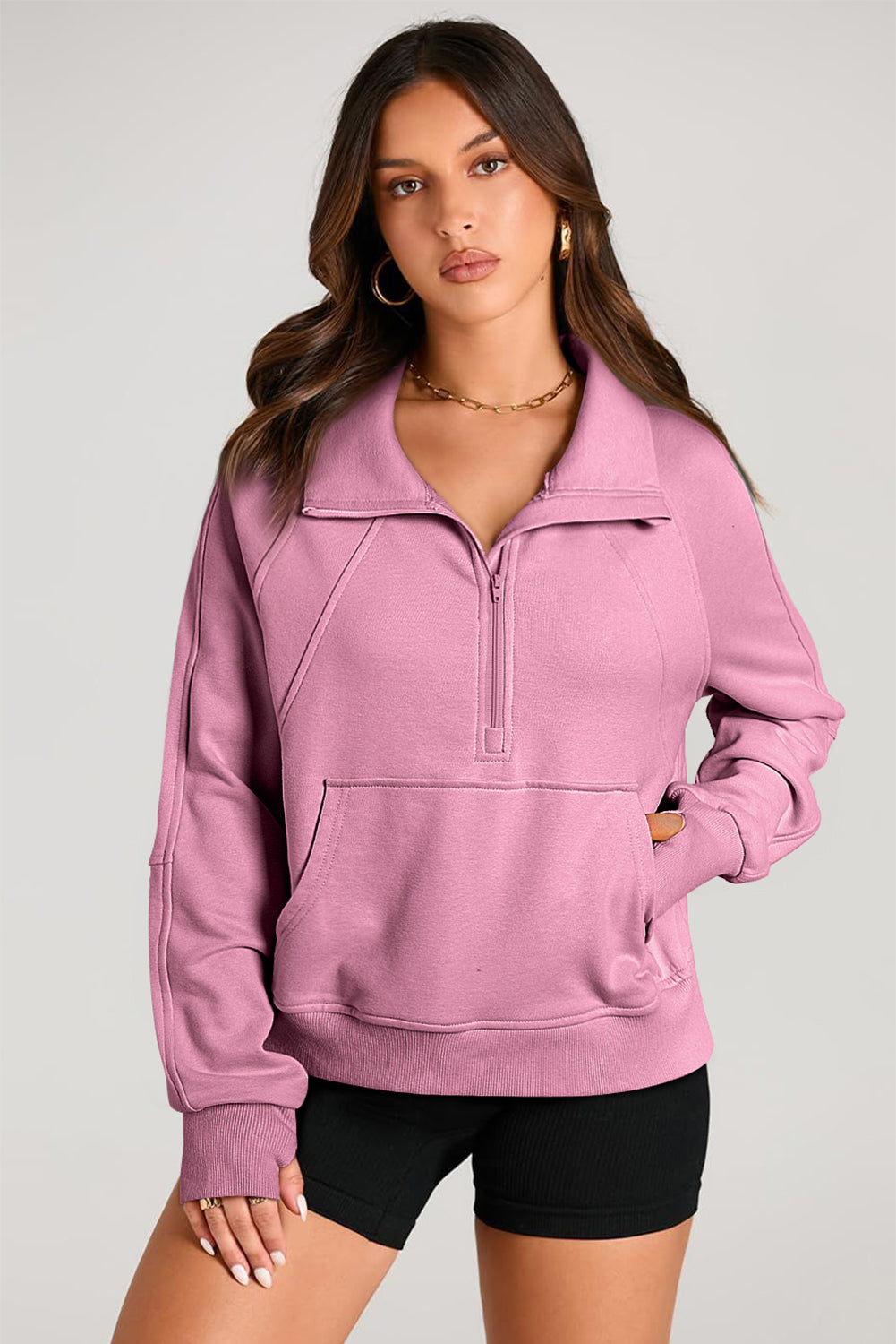 Valerian Quarter Zip Stand Neck Kangaroo Pocket Sweatshirt