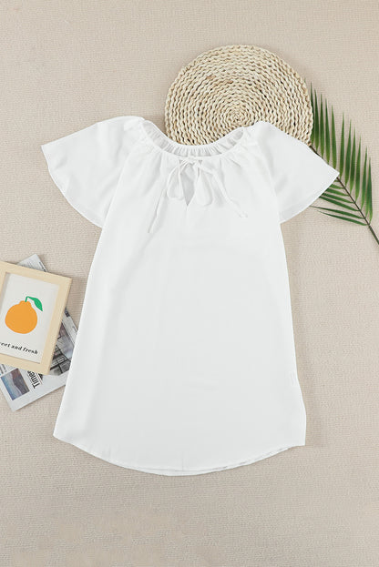 White Solid Drawstring Ruffled Short Sleeve Blouse