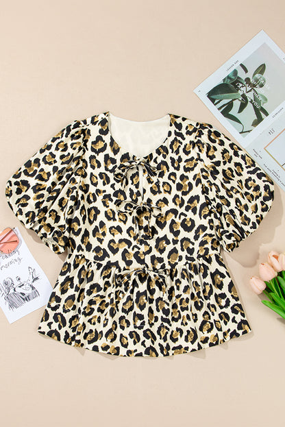 Apricot Leopard Bubble Sleeve Bow Tie Front Peplum Blouse