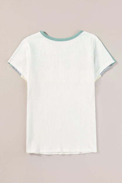 Moonlight Jade Ribbed Color Block Patchwork T-Shirt